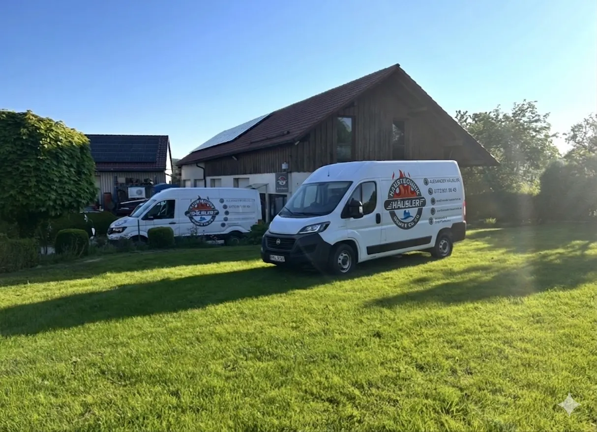 Zwei Servicewagen der Häusler Haustechnik auf der Wiese vor dem Betriebshof in Treffelstein – im Hintergrund ein Wohnhaus mit Photovoltaik-Anlage.
