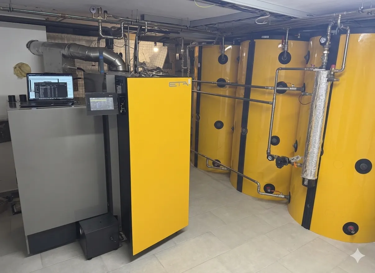 Installierter ETA-Hackschnitzelkessel mit großen Pufferspeichern und sauberer Verrohrung im Heizraum — eigene Anlage von Häusler Haustechnik.
