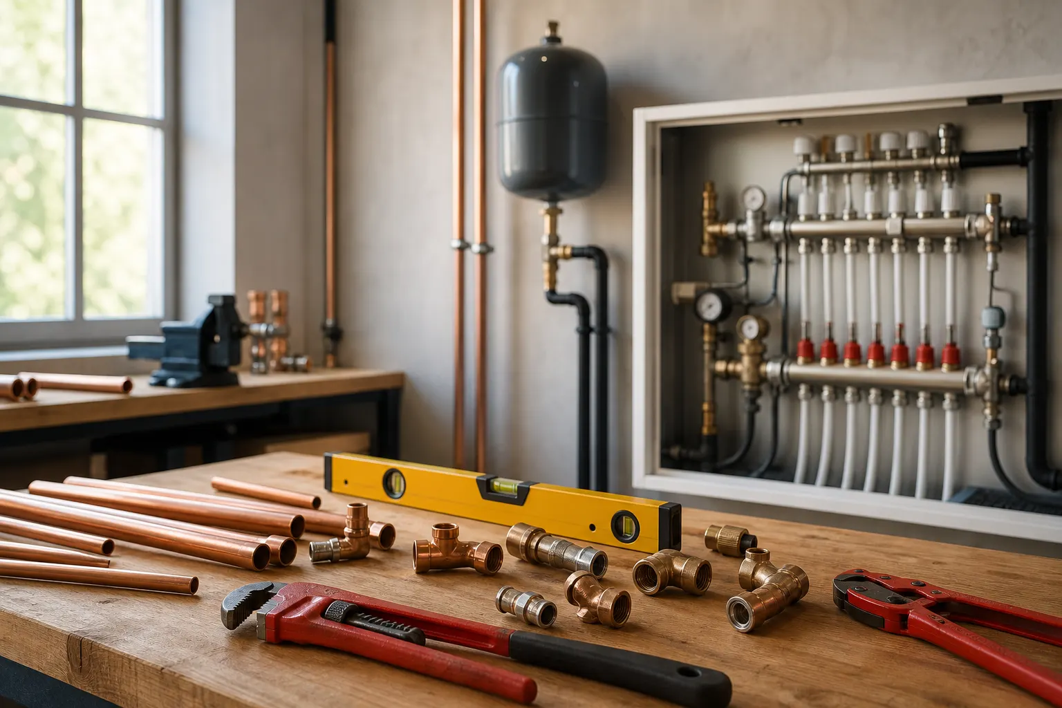 Symbolbild: Werkbank mit Kupferrohren, Pressfittings und Werkzeug im warmen Morgenlicht.