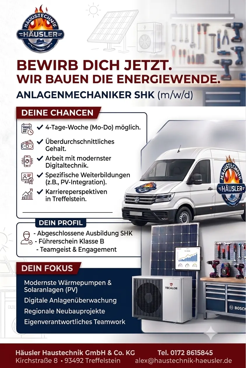 Stellenanzeige Anlagenmechaniker SHK (m/w/d) bei Häusler Haustechnik mit Fokus auf Wärmepumpen, Solaranlagen und digitale Anlagenüberwachung.