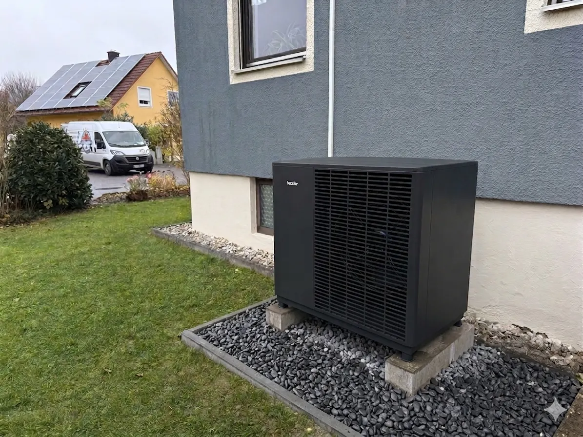 Installierte Tecalor Luft-Wärmepumpe als Außengerät auf einem Splittbett neben einem Wohnhaus — eigene Installation von Häusler Haustechnik.